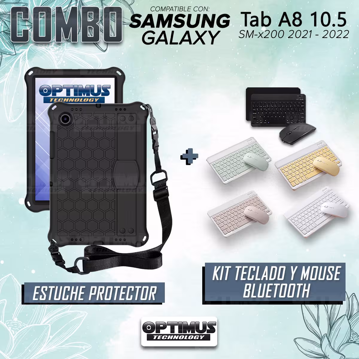 Kit Case Forro Protector con correa + Teclado y Mouse Bluetooth para Tablet Samsung Galaxy Tab A8 10.5 2021 - 2022 SM-x200