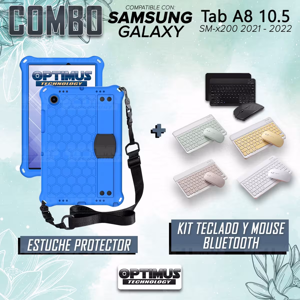 Kit Case Forro Protector con correa + Teclado y Mouse Bluetooth para Tablet Samsung Galaxy Tab A8 10.5 2021 - 2022 SM-x200