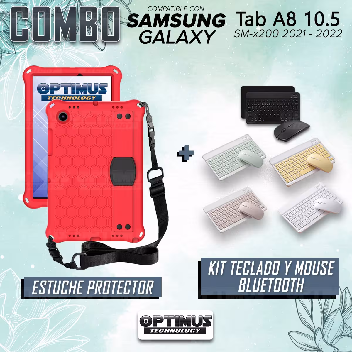 Kit Case Forro Protector con correa + Teclado y Mouse Bluetooth para Tablet Samsung Galaxy Tab A8 10.5 2021 - 2022 SM-x200