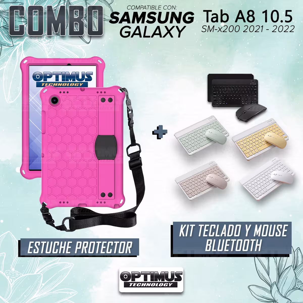 Kit Case Forro Protector con correa + Teclado y Mouse Bluetooth para Tablet Samsung Galaxy Tab A8 10.5 2021 - 2022 SM-x200