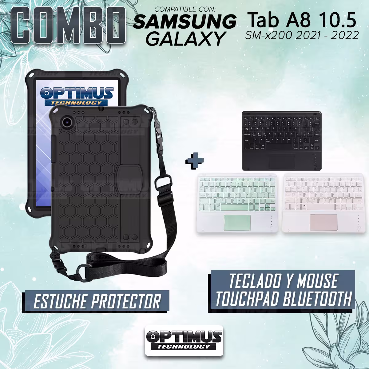Kit Case Protector con correa + Teclado Mouse Touchpad Bluetooth para Tablet Samsung Galaxy Tab A8 10.5 2021 SM-x200 SM-x205