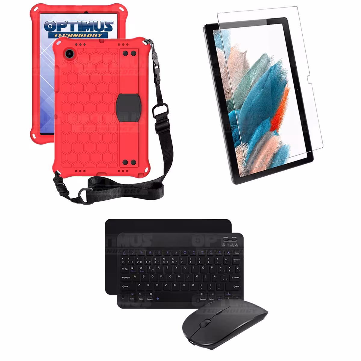 Kit Vidrio templado + Case Protector con correa + Teclado y Mouse Bluetooth Tablet Samsung Galaxy Tab A8 10.5 2021 SM-x200