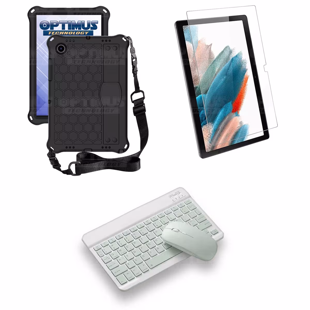 Kit Vidrio templado + Case Protector con correa + Teclado y Mouse Bluetooth Tablet Samsung Galaxy Tab A8 10.5 2021 SM-x200