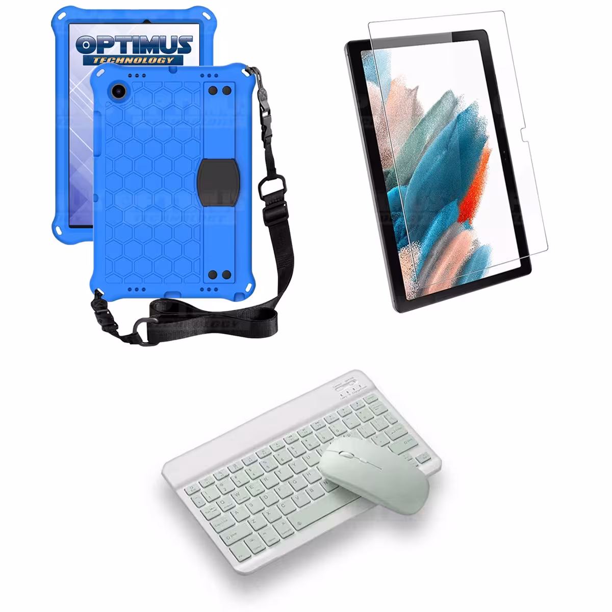 Kit Vidrio templado + Case Protector con correa + Teclado y Mouse Bluetooth Tablet Samsung Galaxy Tab A8 10.5 2021 SM-x200