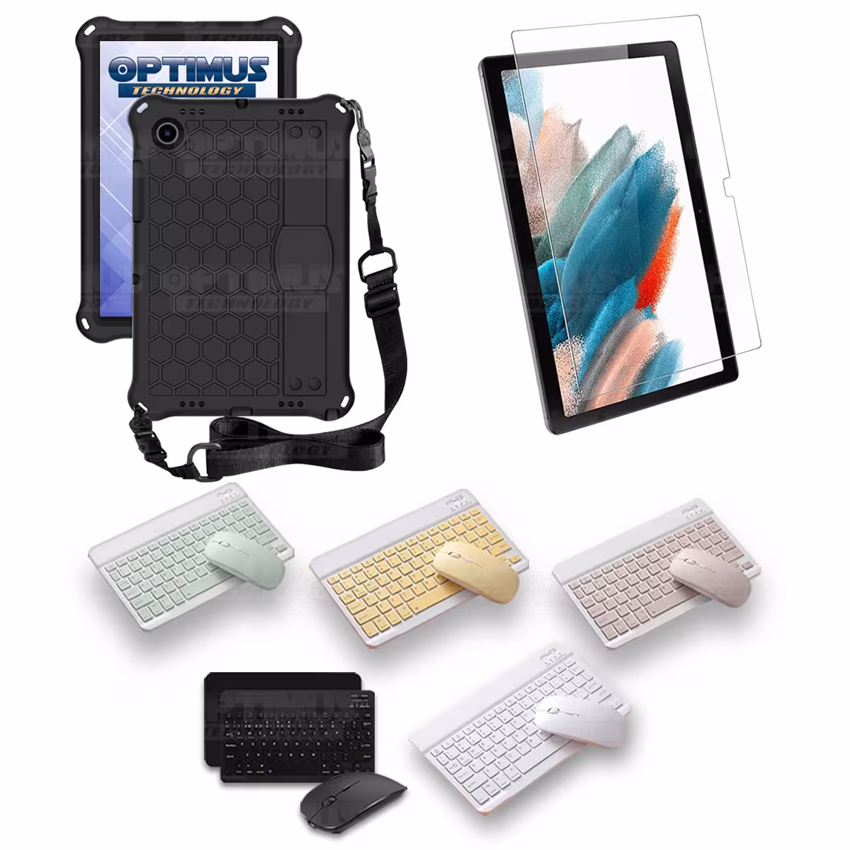 Kit Vidrio templado + Case Protector con correa + Teclado y Mouse Bluetooth Tablet Samsung Galaxy Tab A8 10.5 2021 SM-x200