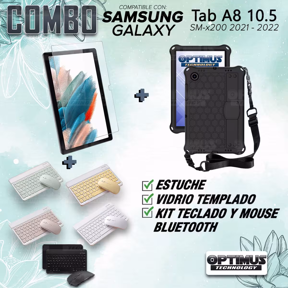 Kit Vidrio templado + Case Protector con correa + Teclado y Mouse Bluetooth Tablet Samsung Galaxy Tab A8 10.5 2021 SM-x200