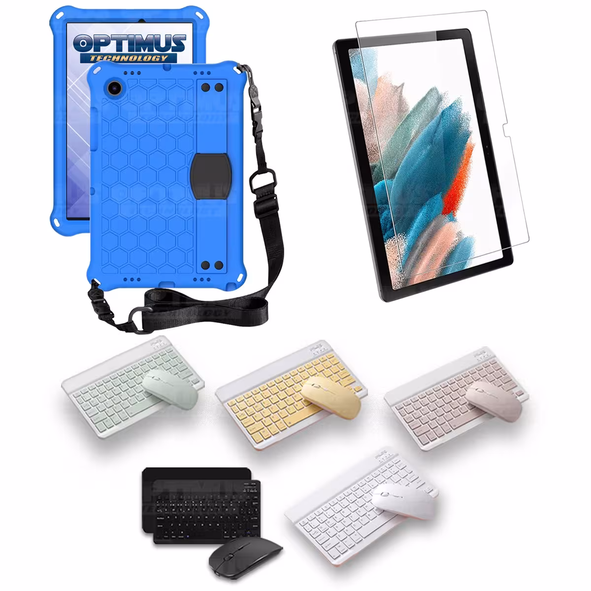 Kit Vidrio templado + Case Protector con correa + Teclado y Mouse Bluetooth Tablet Samsung Galaxy Tab A8 10.5 2021 SM-x200