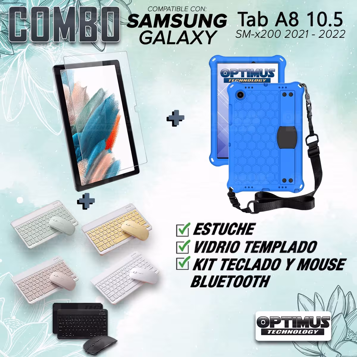 Kit Vidrio templado + Case Protector con correa + Teclado y Mouse Bluetooth Tablet Samsung Galaxy Tab A8 10.5 2021 SM-x200
