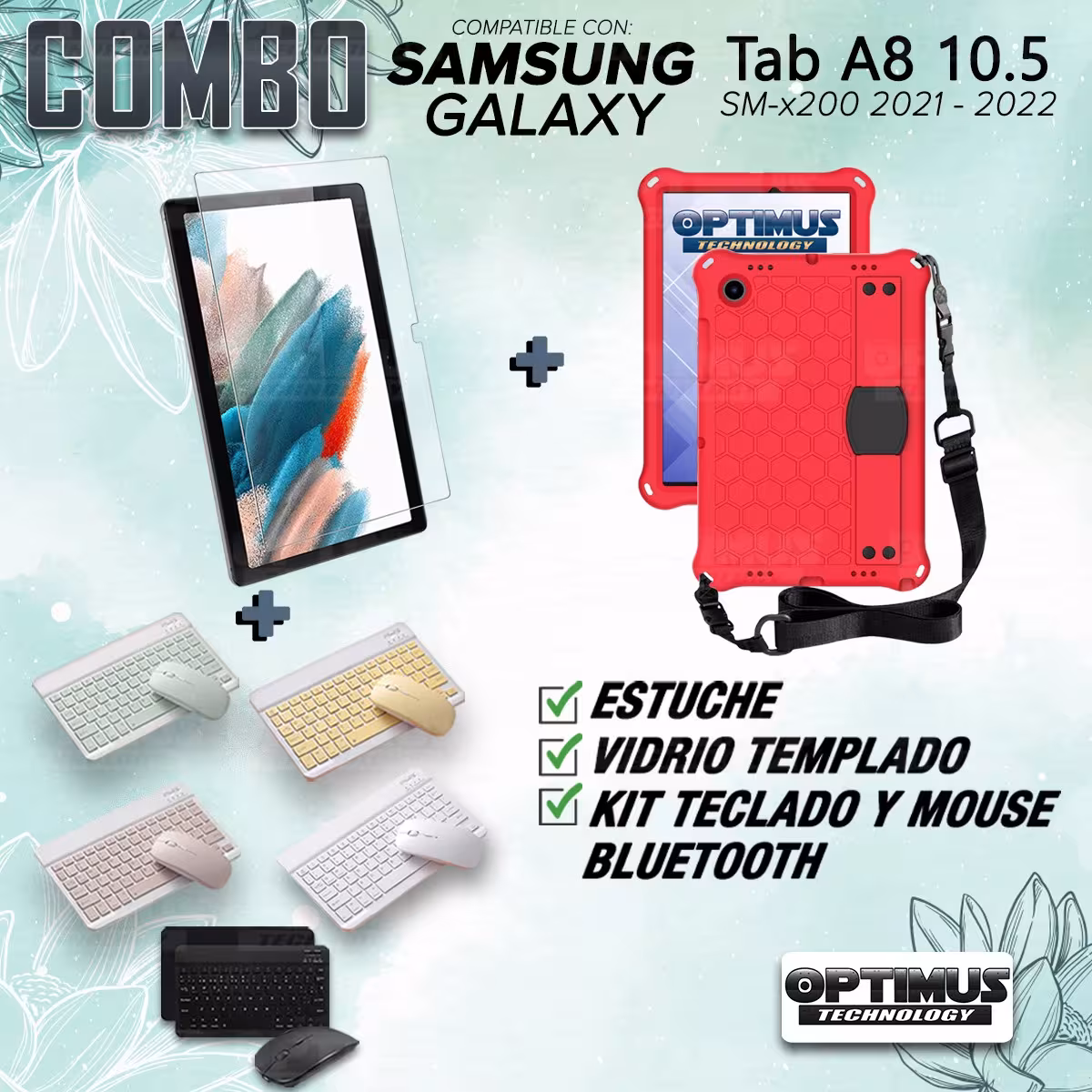 Kit Vidrio templado + Case Protector con correa + Teclado y Mouse Bluetooth Tablet Samsung Galaxy Tab A8 10.5 2021 SM-x200