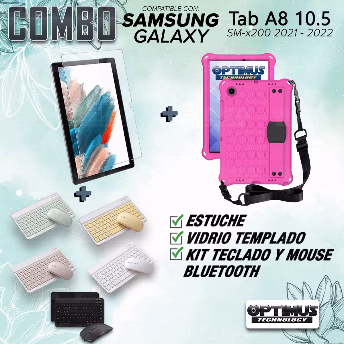 Kit Vidrio templado + Case Protector con correa + Teclado y Mouse Bluetooth Tablet Samsung Galaxy Tab A8 10.5 2021 SM-x200