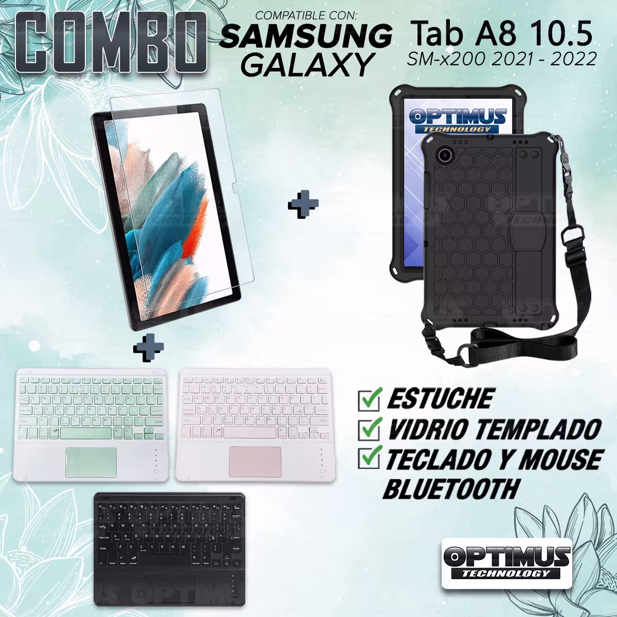 Kit Vidrio templado + Case Protector con correa + Teclado Touchpad Bluetooth Tablet Samsung Galaxy Tab A8 10.5 2021 SM-x205