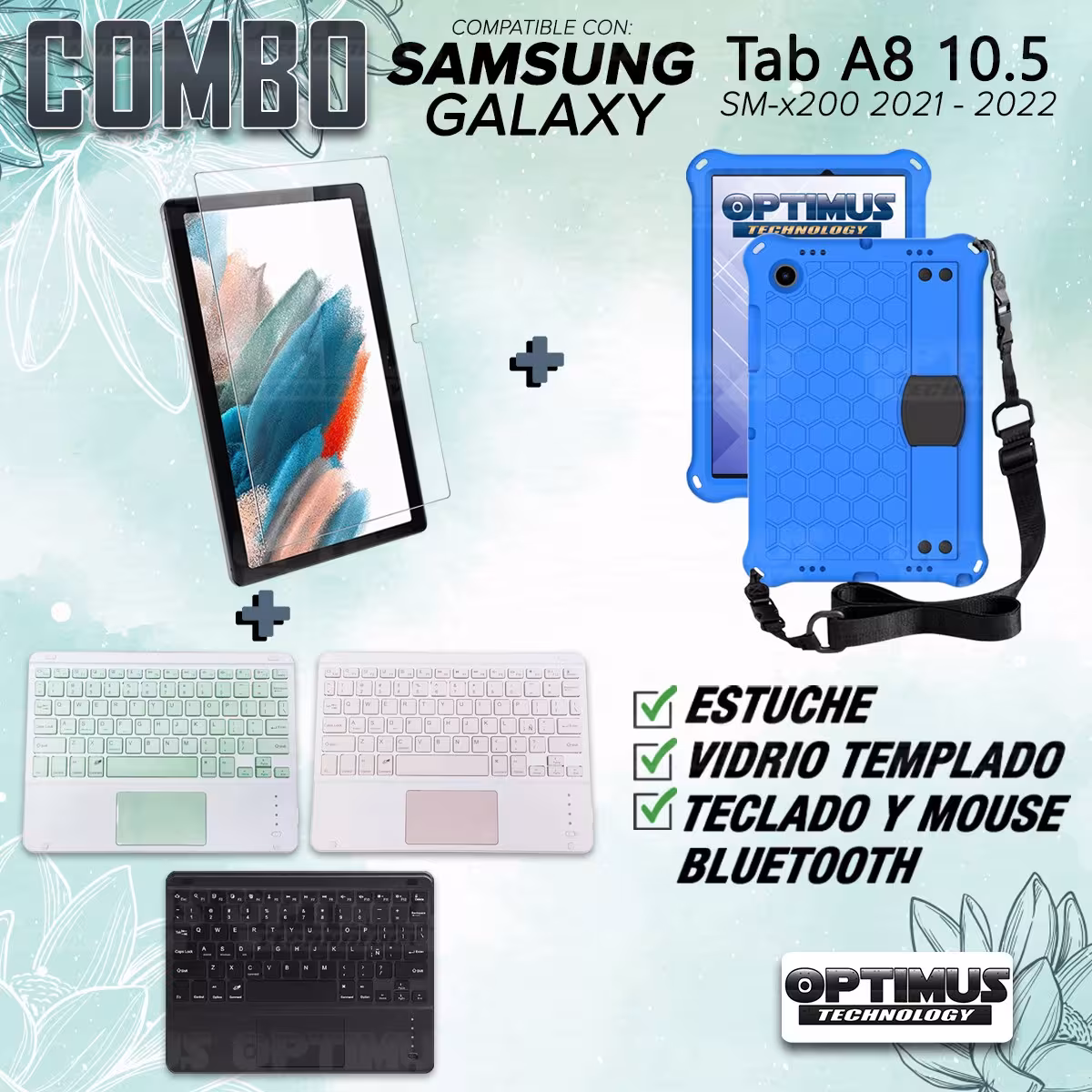 Kit Vidrio templado + Case Protector con correa + Teclado Touchpad Bluetooth Tablet Samsung Galaxy Tab A8 10.5 2021 SM-x205