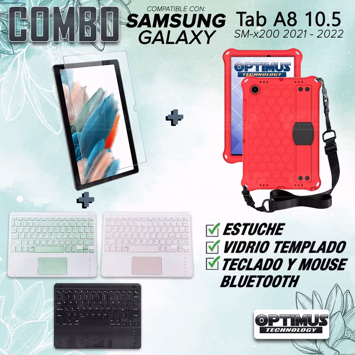 Kit Vidrio templado + Case Protector con correa + Teclado Touchpad Bluetooth Tablet Samsung Galaxy Tab A8 10.5 2021 SM-x205