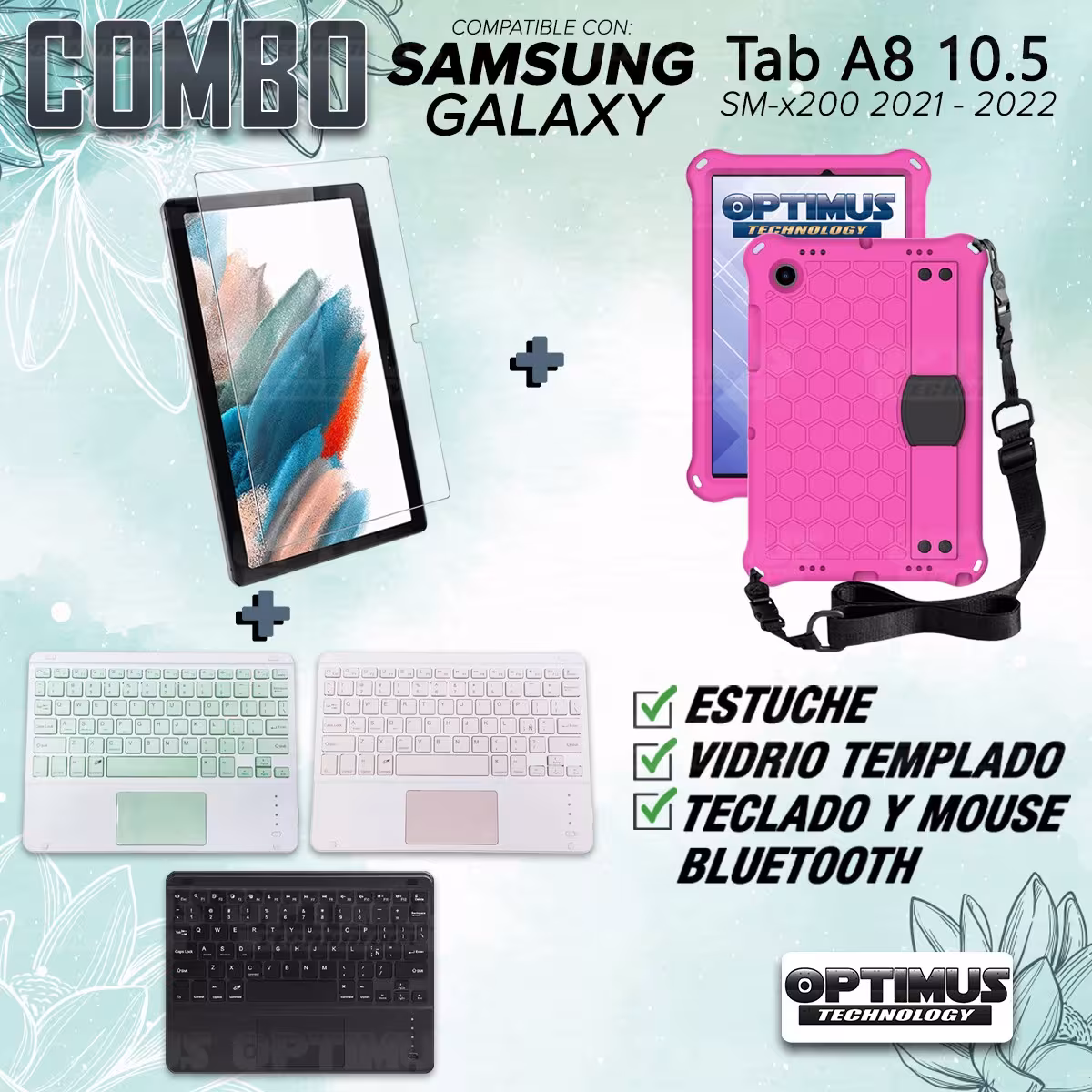 Kit Vidrio templado + Case Protector con correa + Teclado Touchpad Bluetooth Tablet Samsung Galaxy Tab A8 10.5 2021 SM-x205