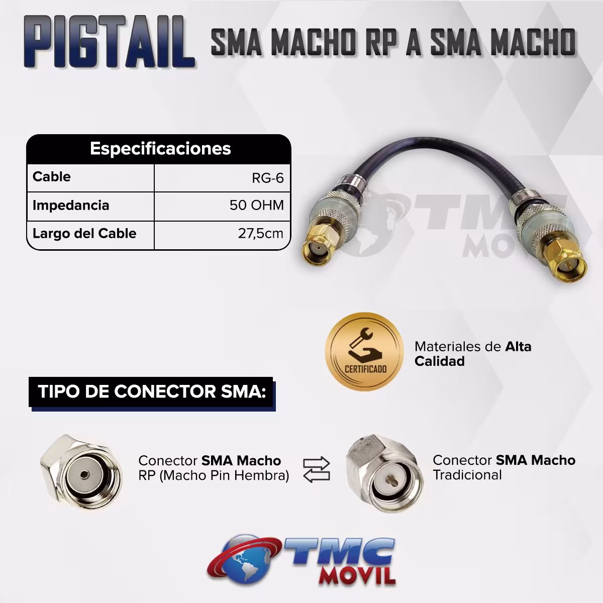 TMC MÓVIL Conector PIGTAIL SMA Macho RP Pin Hembra a SMA Macho ( SMA Male RP to SMA Male ) cable RG-6 27,5cm Ultra Baja Perdida