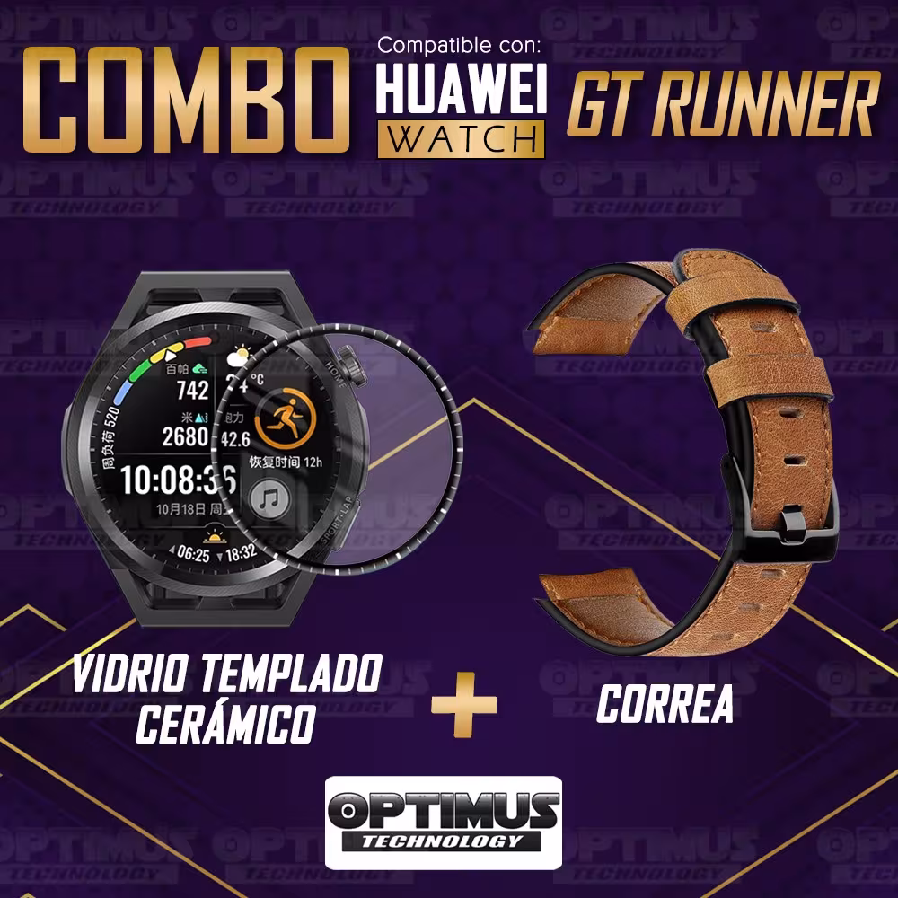 Vidrio Templado Cerámico Y Correa de cuero para Smartwatch Reloj Inteligente Huawei Watch GT Runner