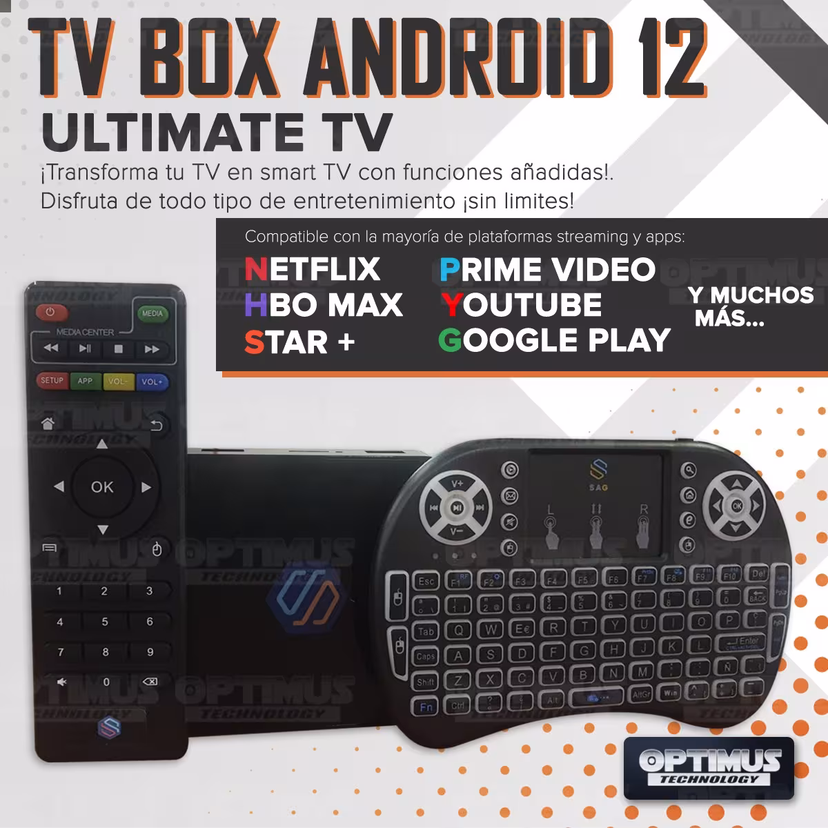TV Box Android 12 Televisor LED a Smart TV Wi-Fi Streaming Transmite 4K Ultra HD 4GB de RAM 64GB Almacen + Teclado inalámbrico