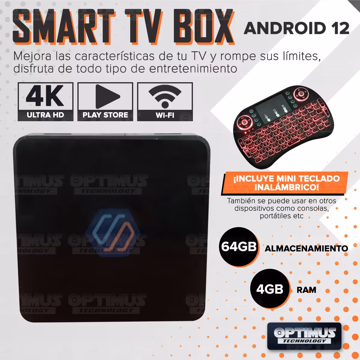 TV Box Android 12 Televisor LED a Smart TV Wi-Fi Streaming Transmite 4K Ultra HD 4GB de RAM 64GB Almacen + Teclado inalámbrico