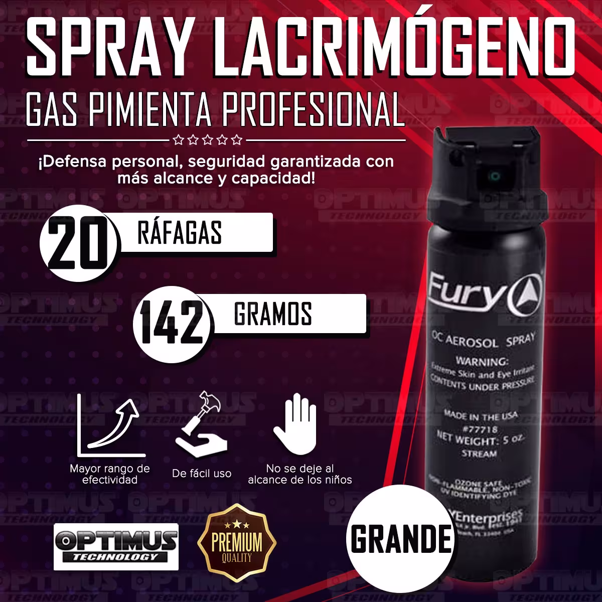 Seguridad - Spray Aerosol Gas Pimienta, Portátil Lacrimógeno de Defensa Personal Fury Profesional MK4 142gr 18% OC Grande