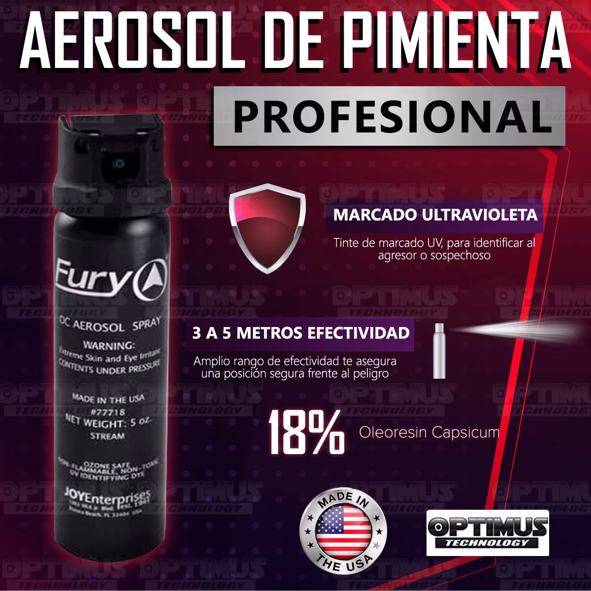 Seguridad - Spray Aerosol Gas Pimienta, Portátil Lacrimógeno de Defensa Personal Fury Profesional MK4 142gr 18% OC Grande