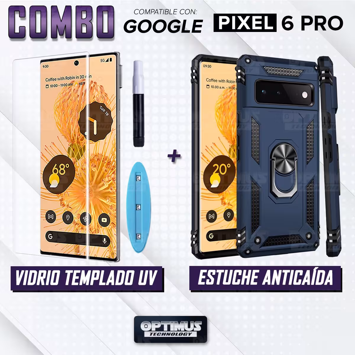 Kit Vidrio UV templado liquido y Estuche Case Forro Protector Anti-Shock doble capa para celular Google Pixel 6 Pro