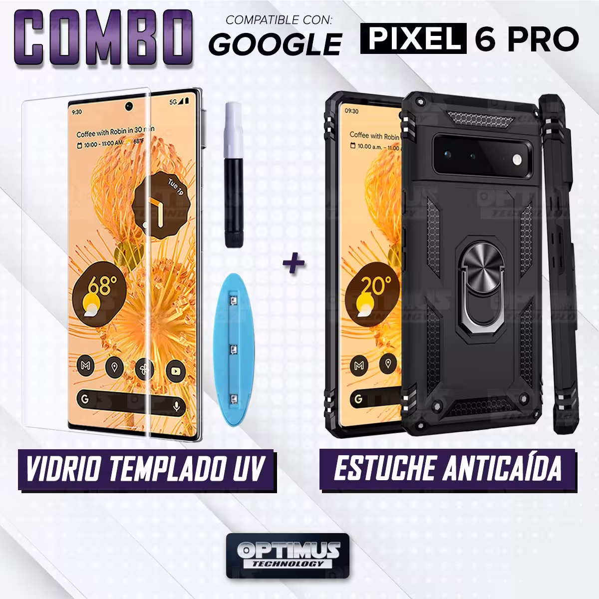Kit Vidrio UV templado liquido y Estuche Case Forro Protector Anti-Shock doble capa para celular Google Pixel 6 Pro
