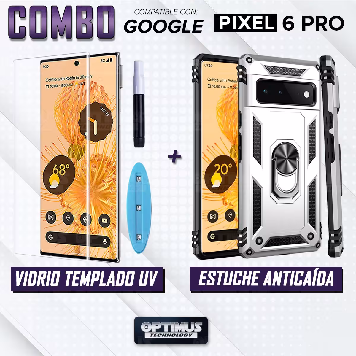Kit Vidrio UV templado liquido y Estuche Case Forro Protector Anti-Shock doble capa para celular Google Pixel 6 Pro