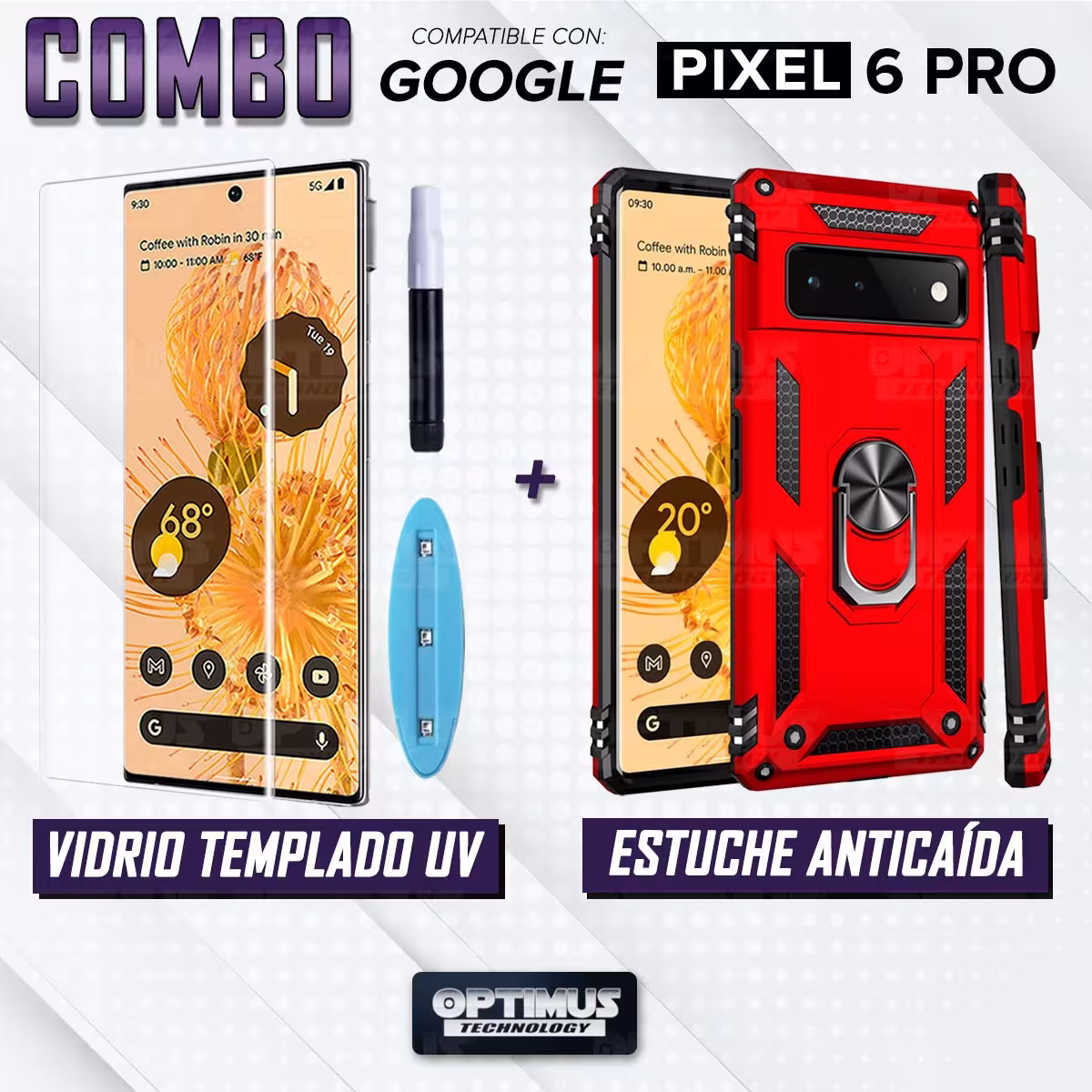 Kit Vidrio UV templado liquido y Estuche Case Forro Protector Anti-Shock doble capa para celular Google Pixel 6 Pro