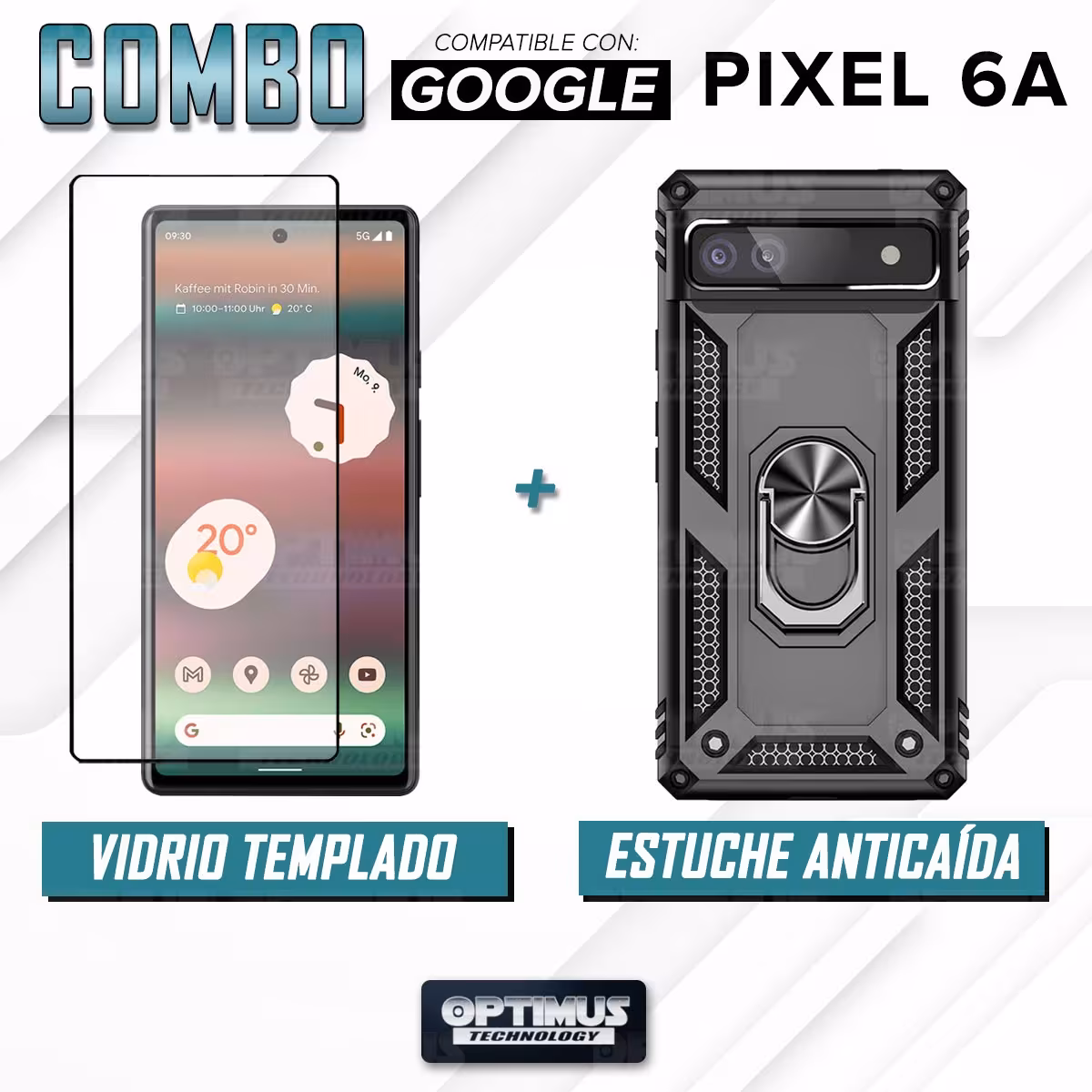 Kit Vidrio templado y Estuche Case Forro Protector Anti-Shock doble capa para celular Google Pixel 6A 5G 2022