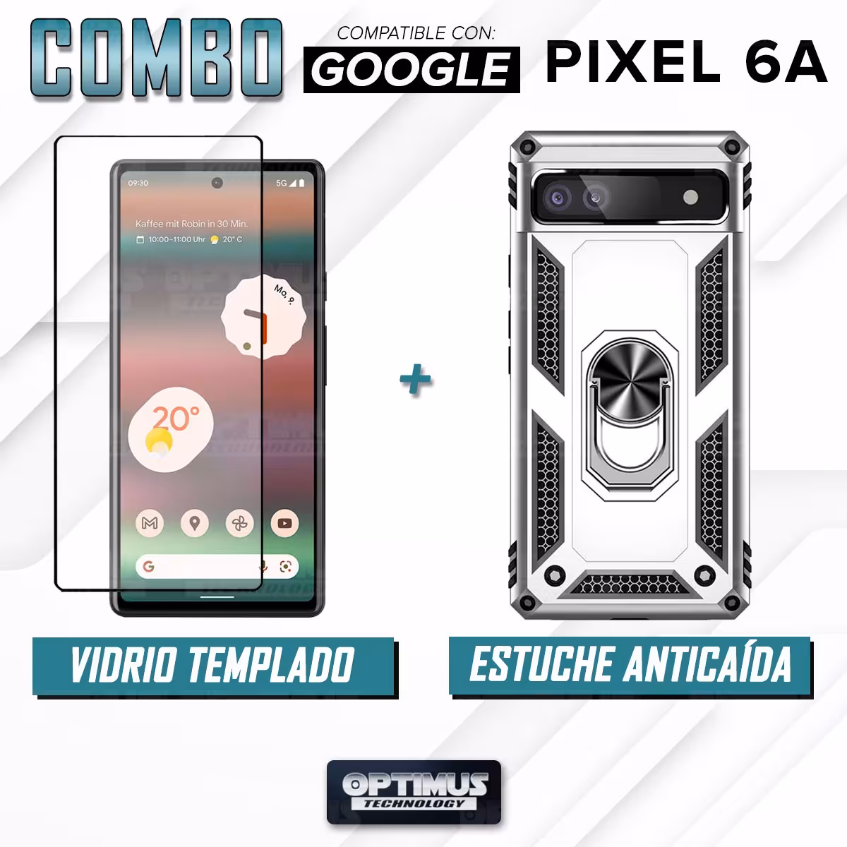 Kit Vidrio templado y Estuche Case Forro Protector Anti-Shock doble capa para celular Google Pixel 6A 5G 2022