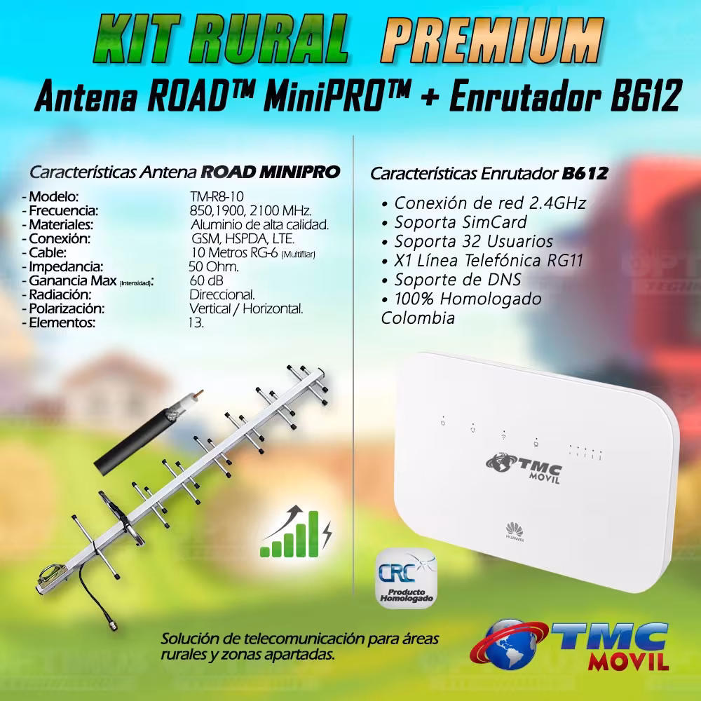 KIT Antena Amplificadora De Señal Road MiniPRO 60 Db Con Enrutador Huawei B612S-51D Banda 28