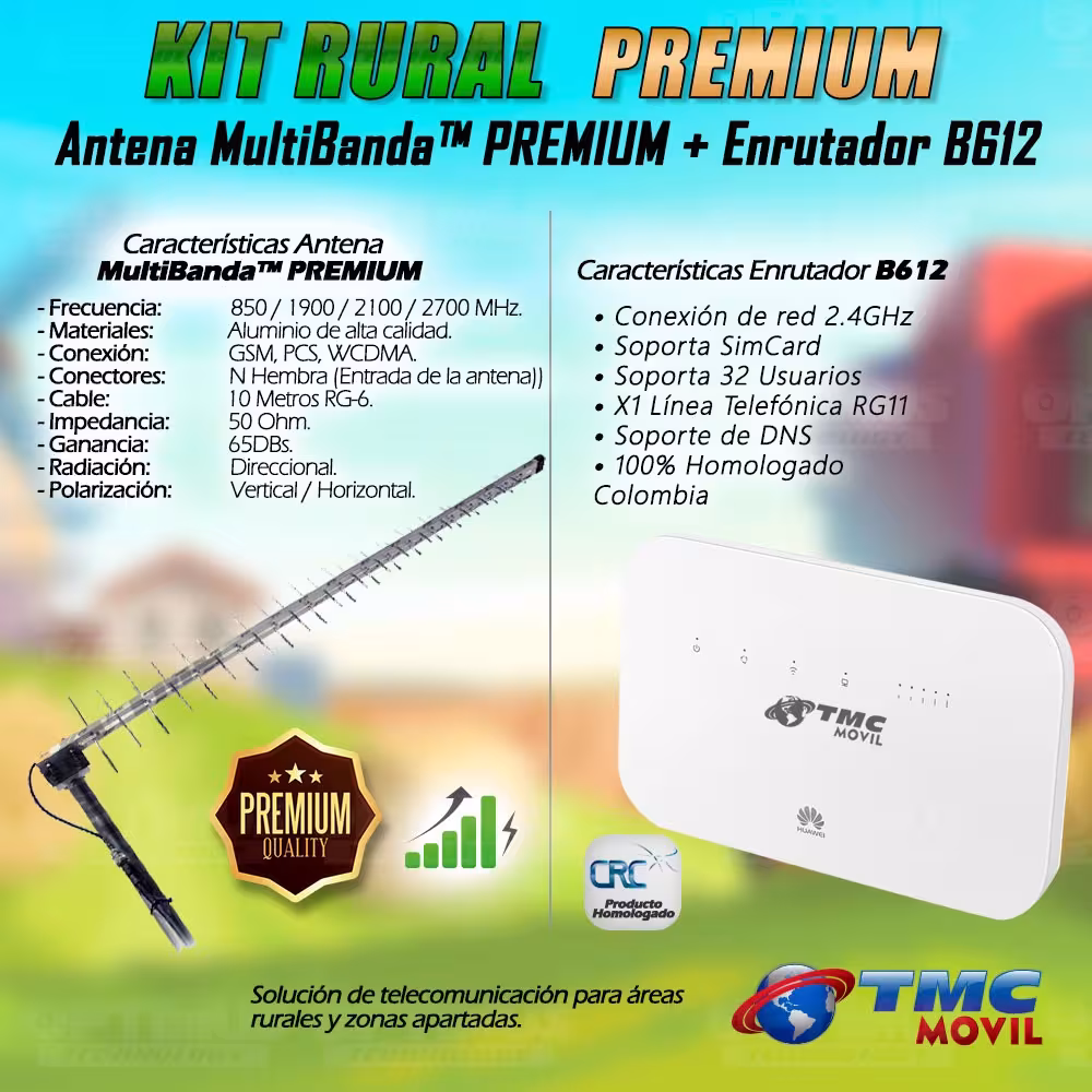 KIT Antena Amplificadora De Señal Multibanda PREMIUM 65 Db Con Enrutador Huawei B612S-51D Banda 28 700MHz