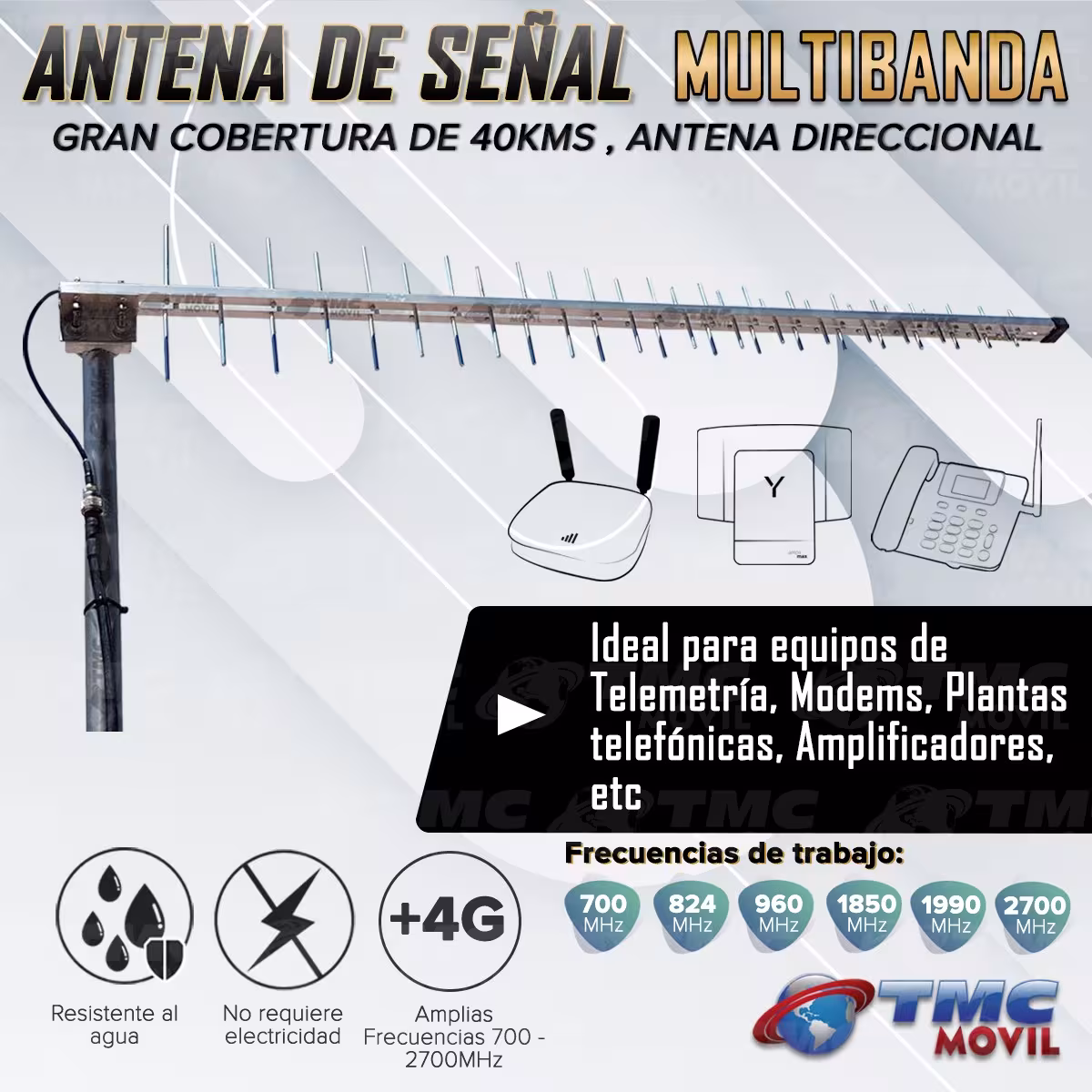 KIT Antena Amplificadora De Señal Multibanda PREMIUM 65 Db Con Enrutador Huawei B612S-51D Banda 28 700MHz