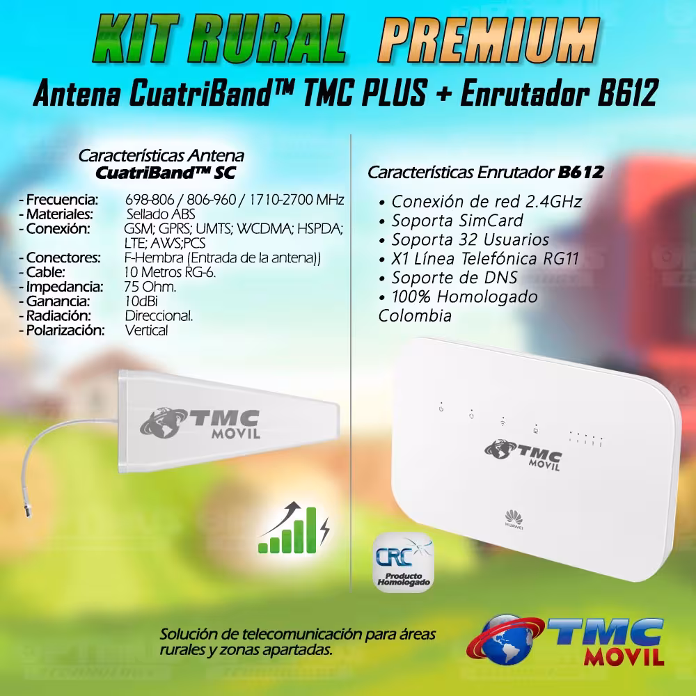 KIT Antena Amplificadora De Señal Cuatriband 10dbi TMC PLUS Con Enrutador Huawei B612S-51D Libre todo Operador