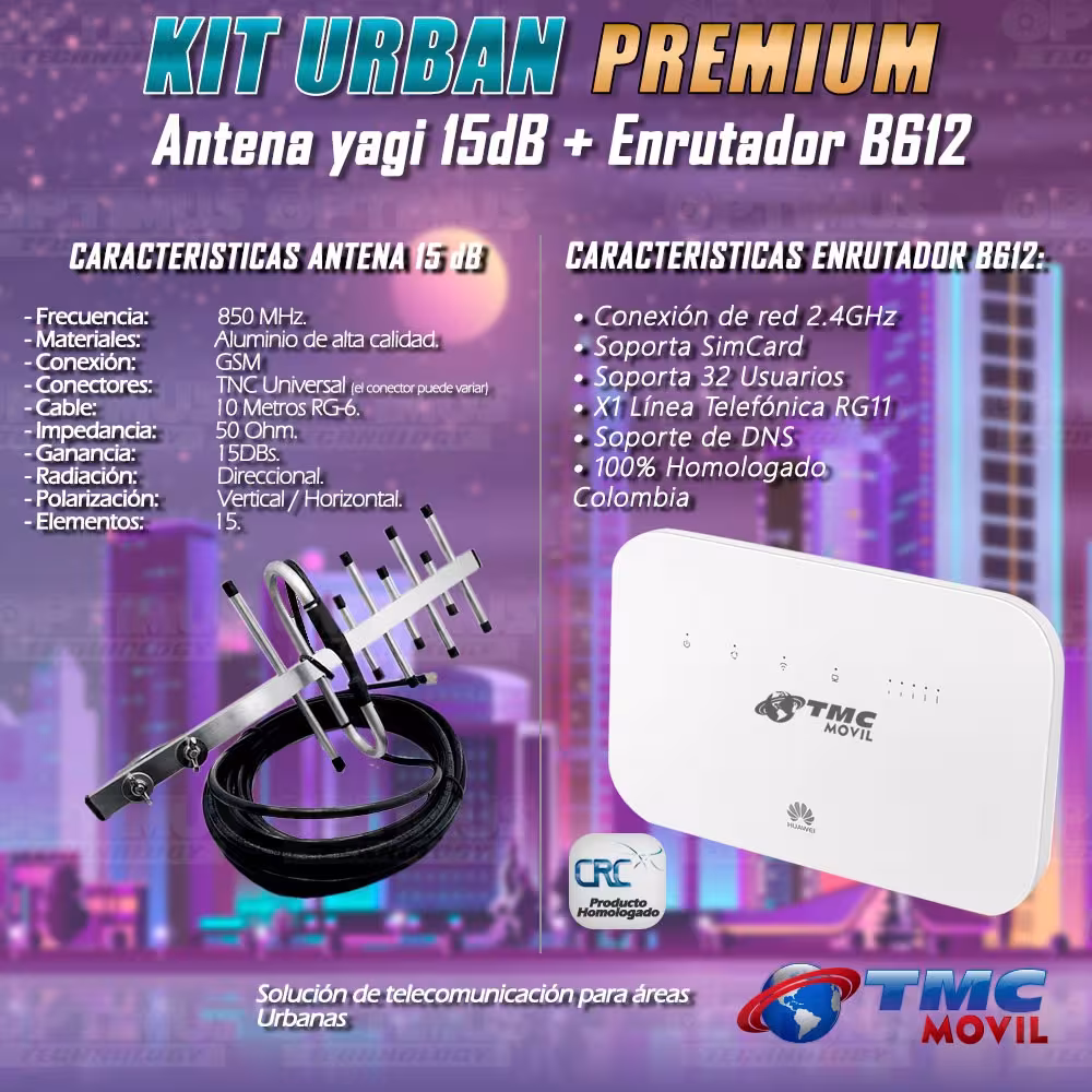 KIT Antena Amplificadora De Señal Yagi de 15Db Con Enrutador Huawei B612S-51D Homologado
