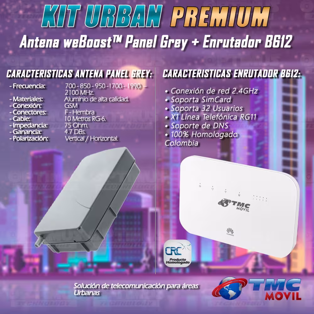 KIT Antena Amplificadora De Señal WeBoost Panel Grey Con Enrutador Huawei B612S-51D LTE 300 Mbps