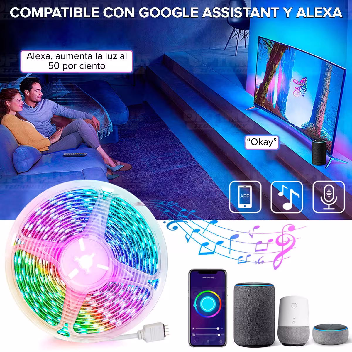 Extensión Tira Cinta de luces LED inteligentes Smart Wifi RGB 5 Metros con control compatible con Google Home Amazon Alexa