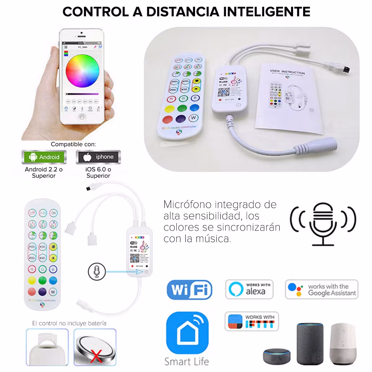 Extensión Tira Cinta de luces LED inteligentes Smart Wifi RGB 5 Metros con control compatible con Google Home Amazon Alexa