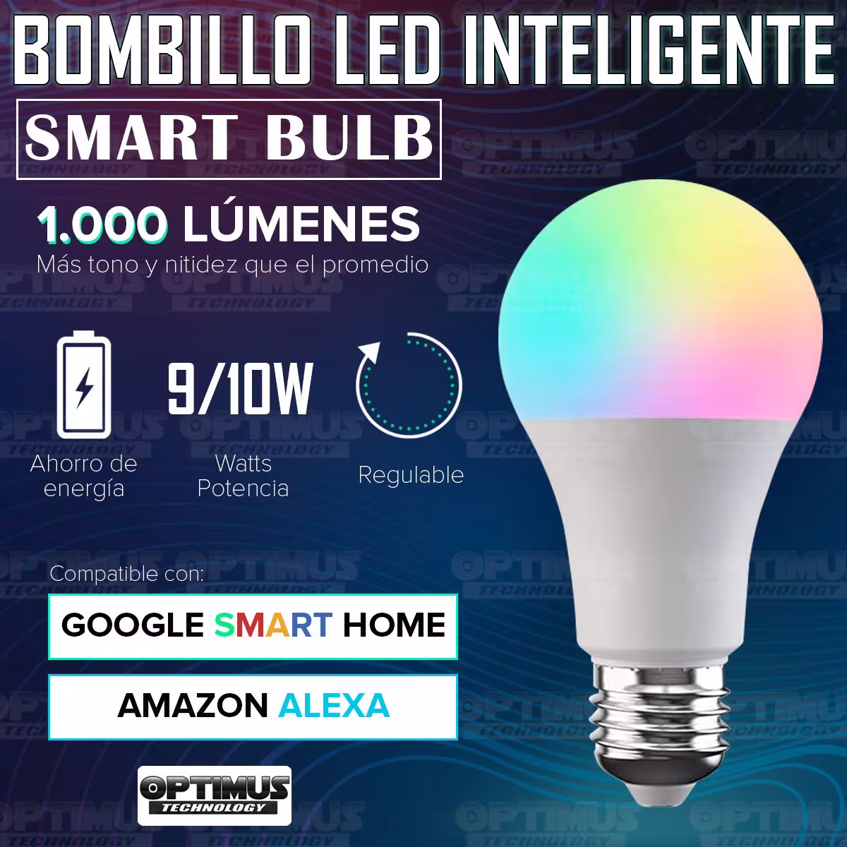 Bombillo Luz inteligente Smart Bulb Wifi 1000 lúmenes 10W compatible Google Apple Amazon Alexa bajo consumo