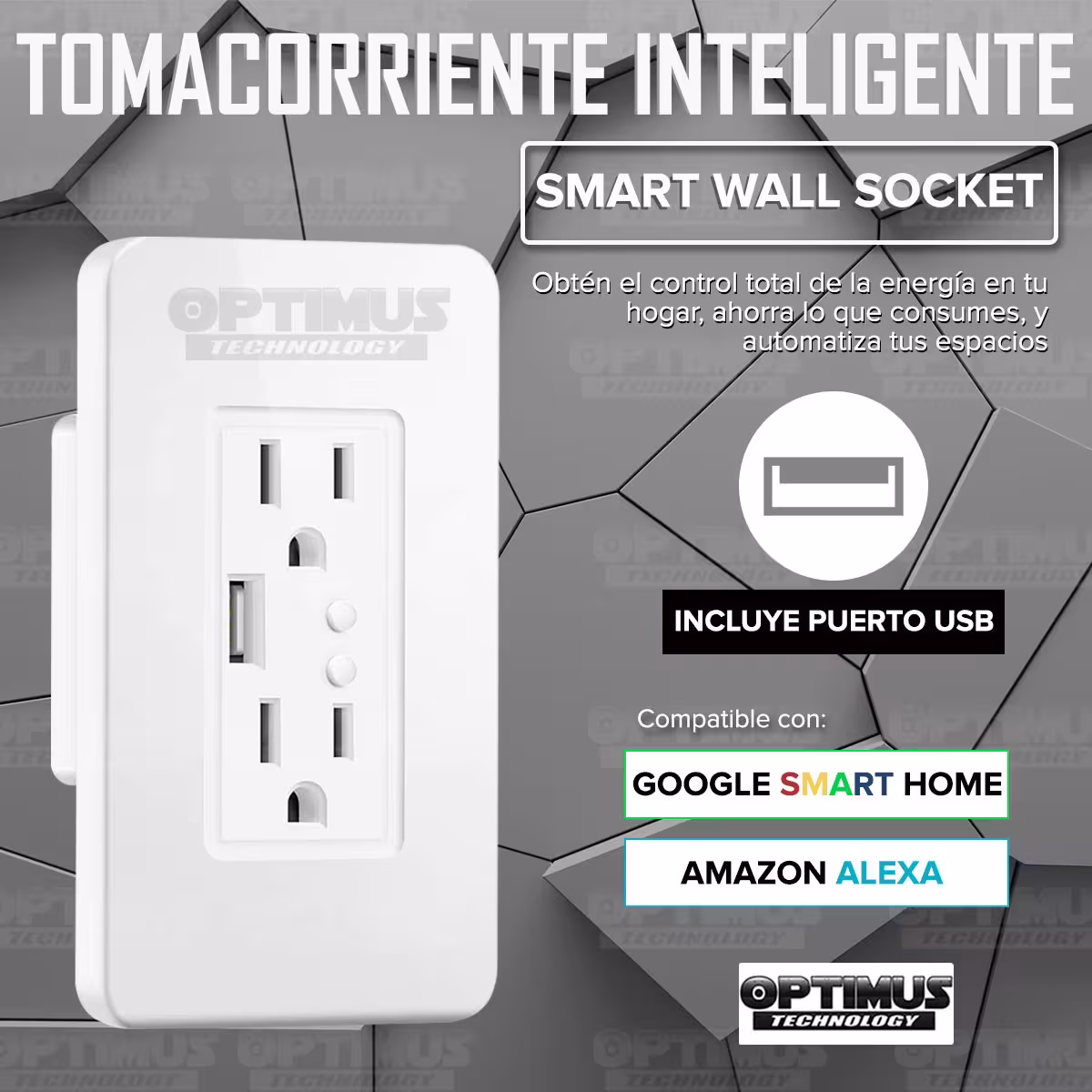Tomacorriente inteligente Wifi de Pared smart Wall Socket enchufe con 2 tomas puerto USB compatible con Amazon Alexa Google Home