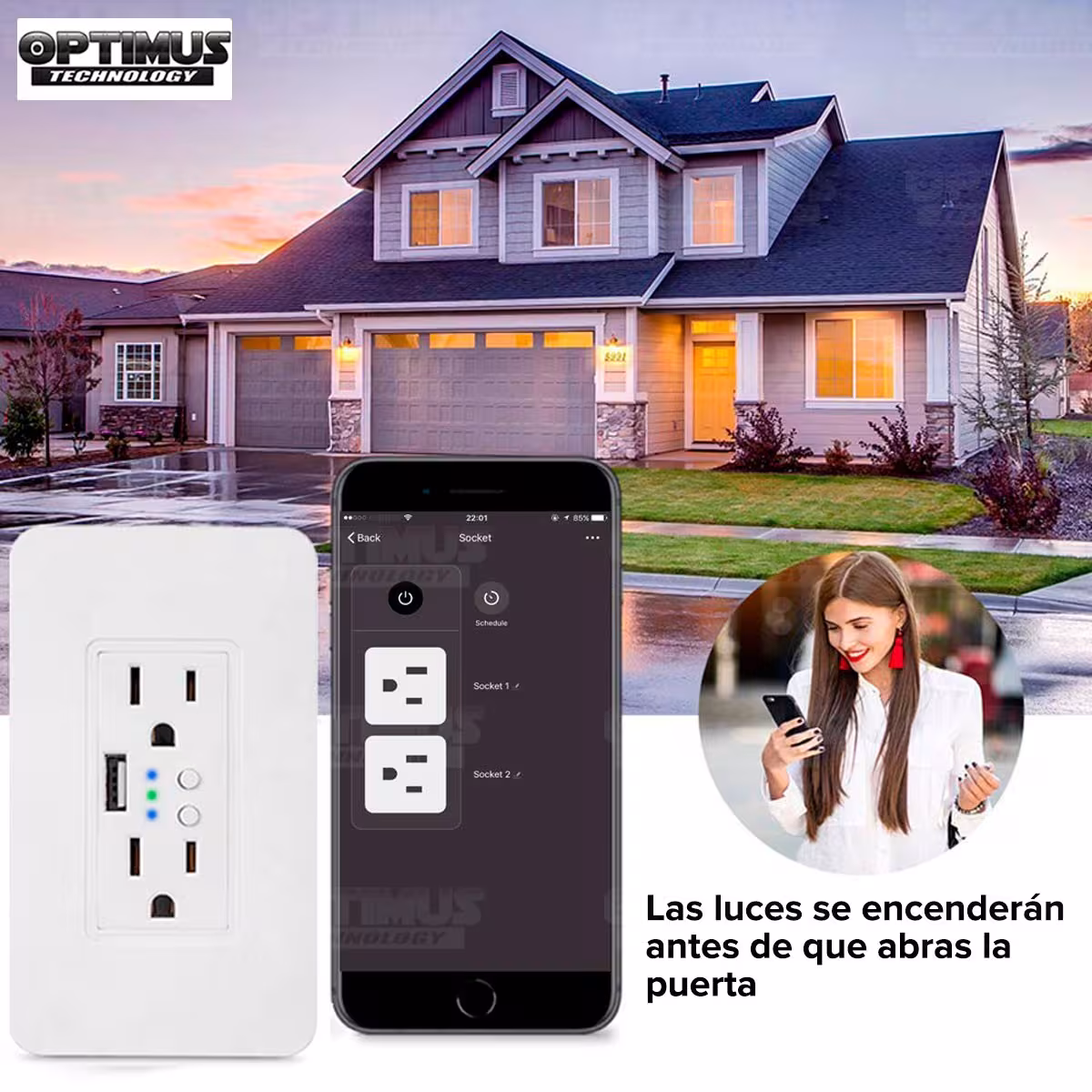 Tomacorriente inteligente Wifi de Pared smart Wall Socket enchufe con 2 tomas puerto USB compatible con Amazon Alexa Google Home