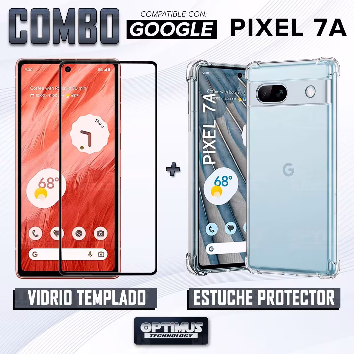 Kit Vidrio templado y Estuche Case Forro Protector Anticaída para celular Google Pixel 7A 5G 2023 6,1 pulgadas