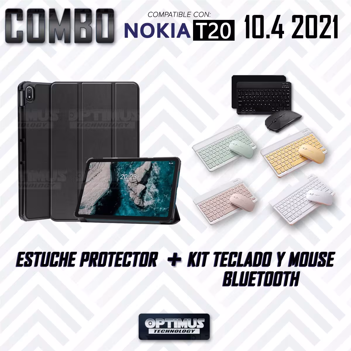 Kit Case Forro Protector + Teclado y Mouse Ratón Bluetooth para Tablet Nokia T20 10,4 Pulgadas 2021 TA-1397 / TA-1394 / TA-1392