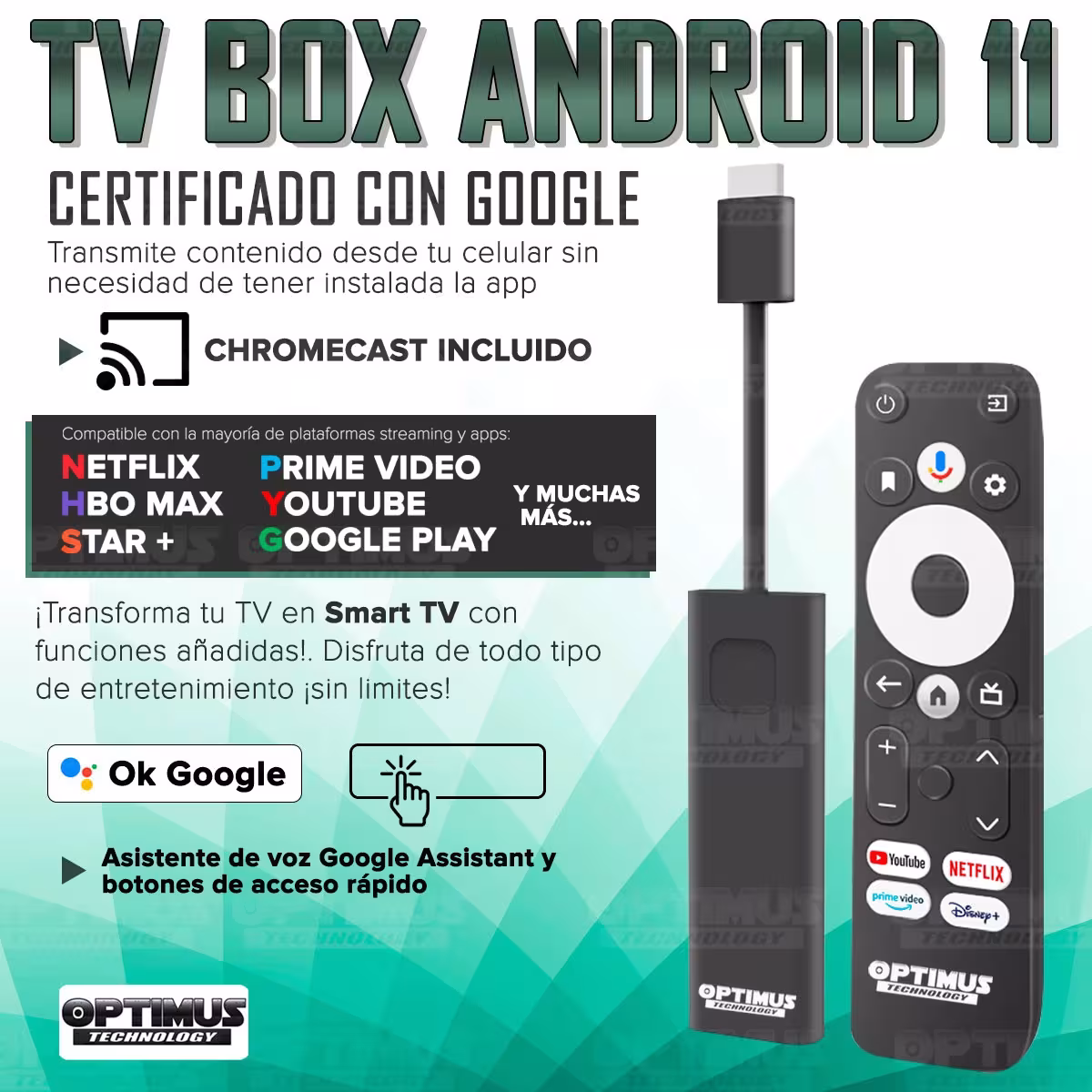 OPTIMUS TV GD1 4K TV Box Android TV Wi-Fi Streaming Transmite 4K Ultra HD Función de Chromecast con Google Assintant
