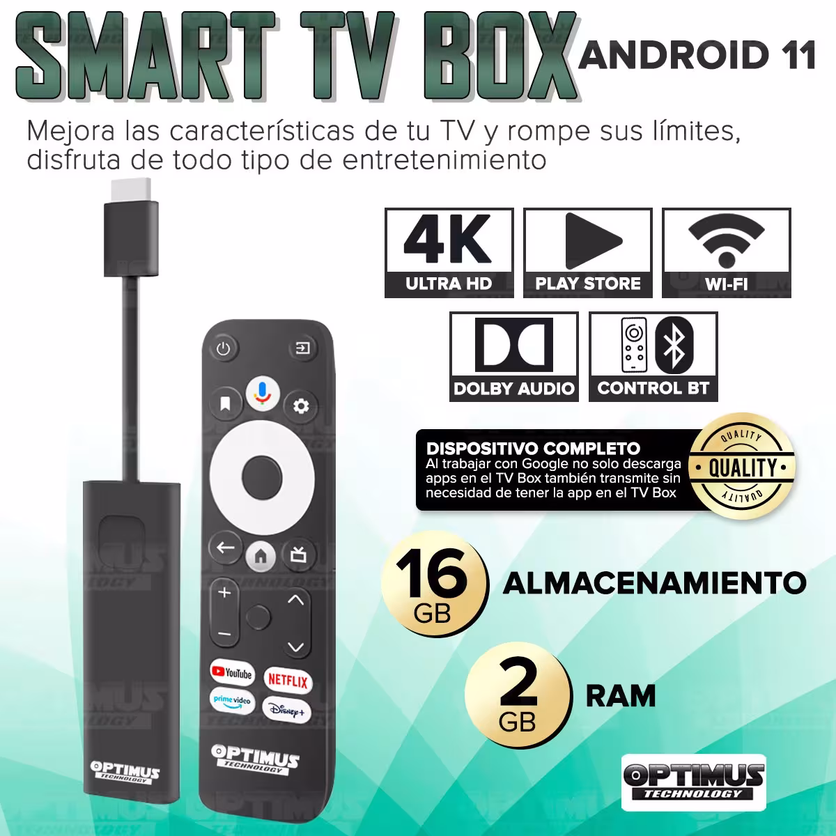 OPTIMUS TV GD1 4K TV Box Android TV Wi-Fi Streaming Transmite 4K Ultra HD Función de Chromecast con Google Assintant