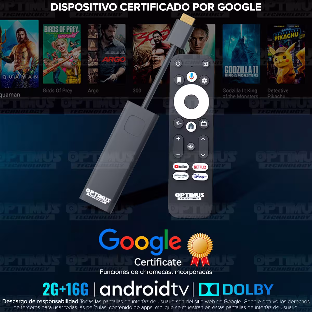 OPTIMUS TV GD1 4K TV Box Android TV Wi-Fi Streaming Transmite 4K Ultra HD Función de Chromecast con Google Assintant