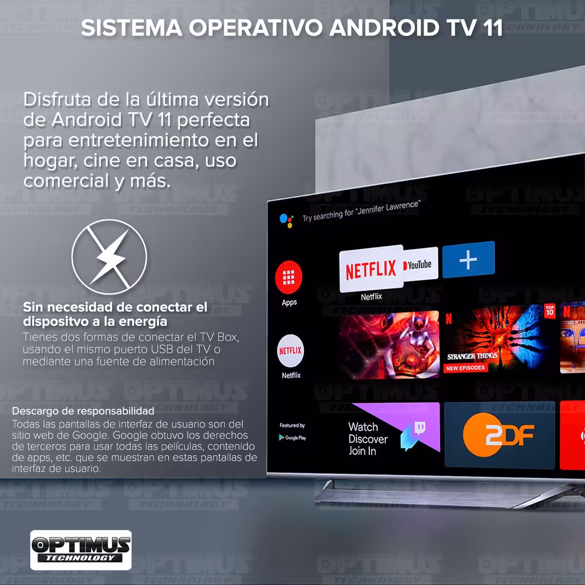 OPTIMUS TV GD1 4K TV Box Android TV Wi-Fi Streaming Transmite 4K Ultra HD Función de Chromecast con Google Assintant