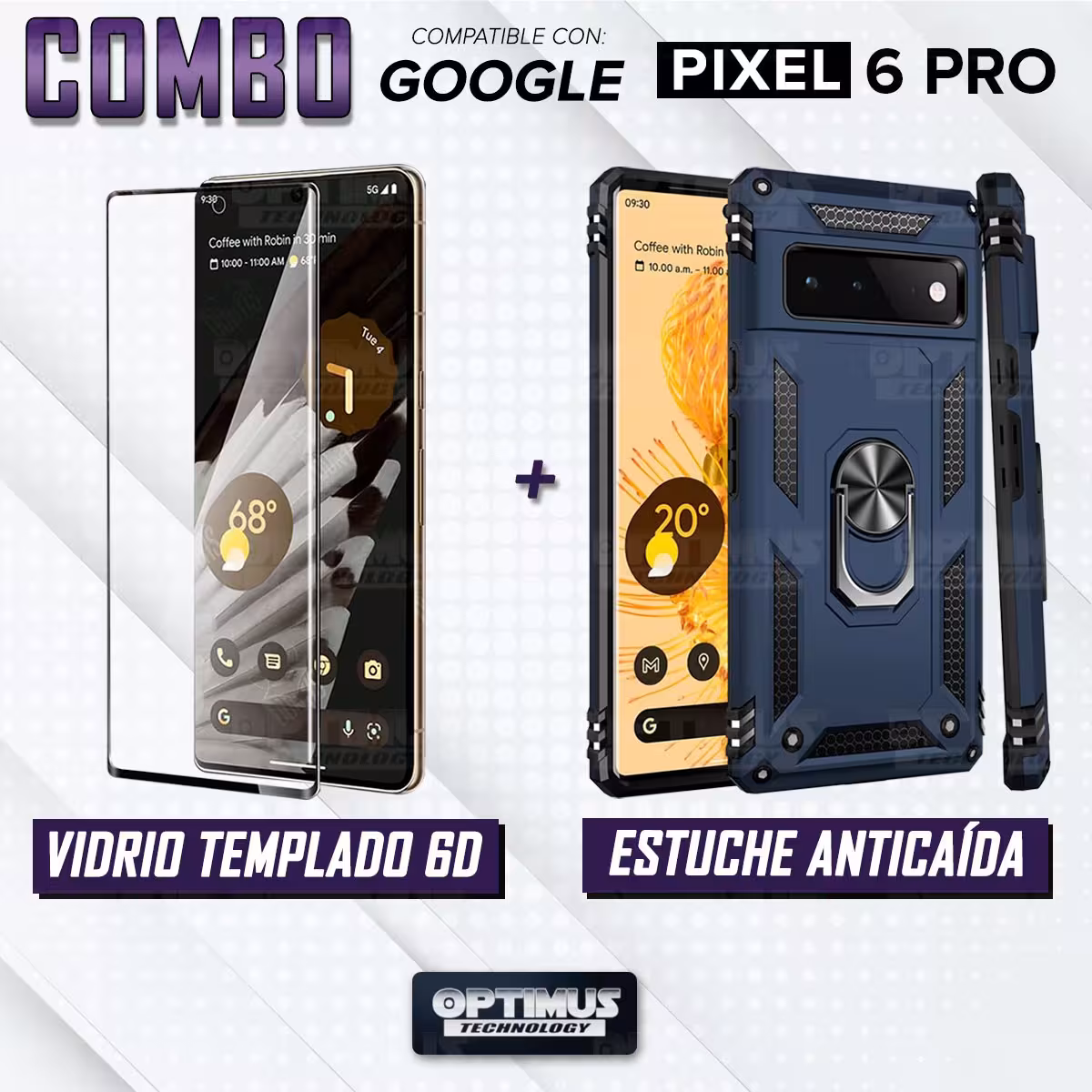 Kit Vidrio templado y Estuche Case Forro Protector Anti-Shock doble capa para celular Google Pixel 6 Pro