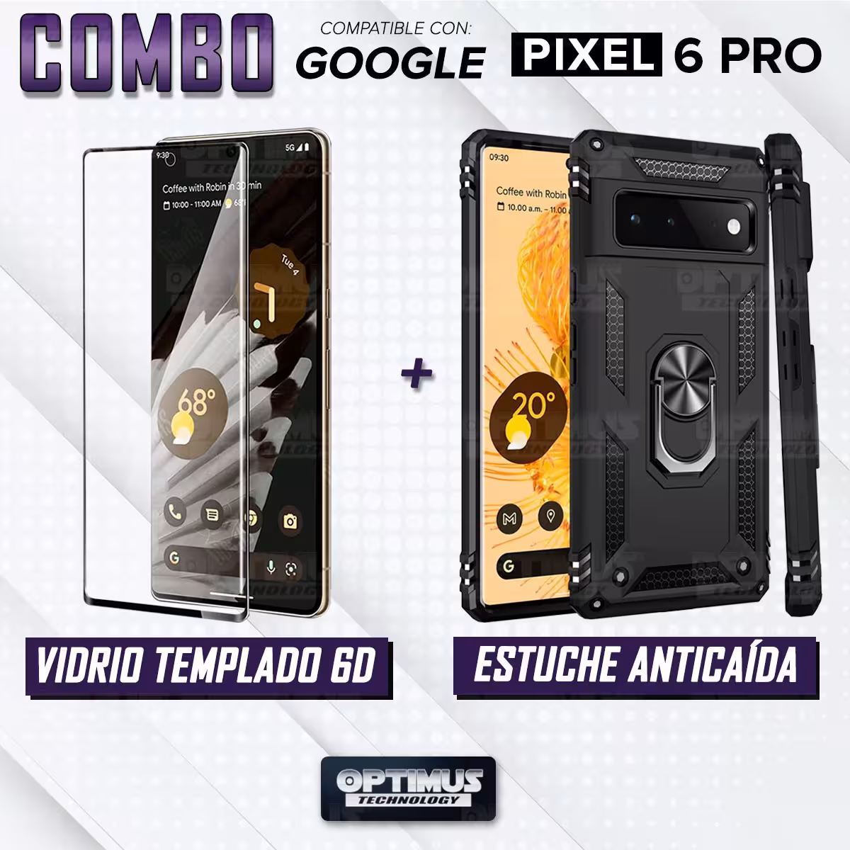 Kit Vidrio templado y Estuche Case Forro Protector Anti-Shock doble capa para celular Google Pixel 6 Pro