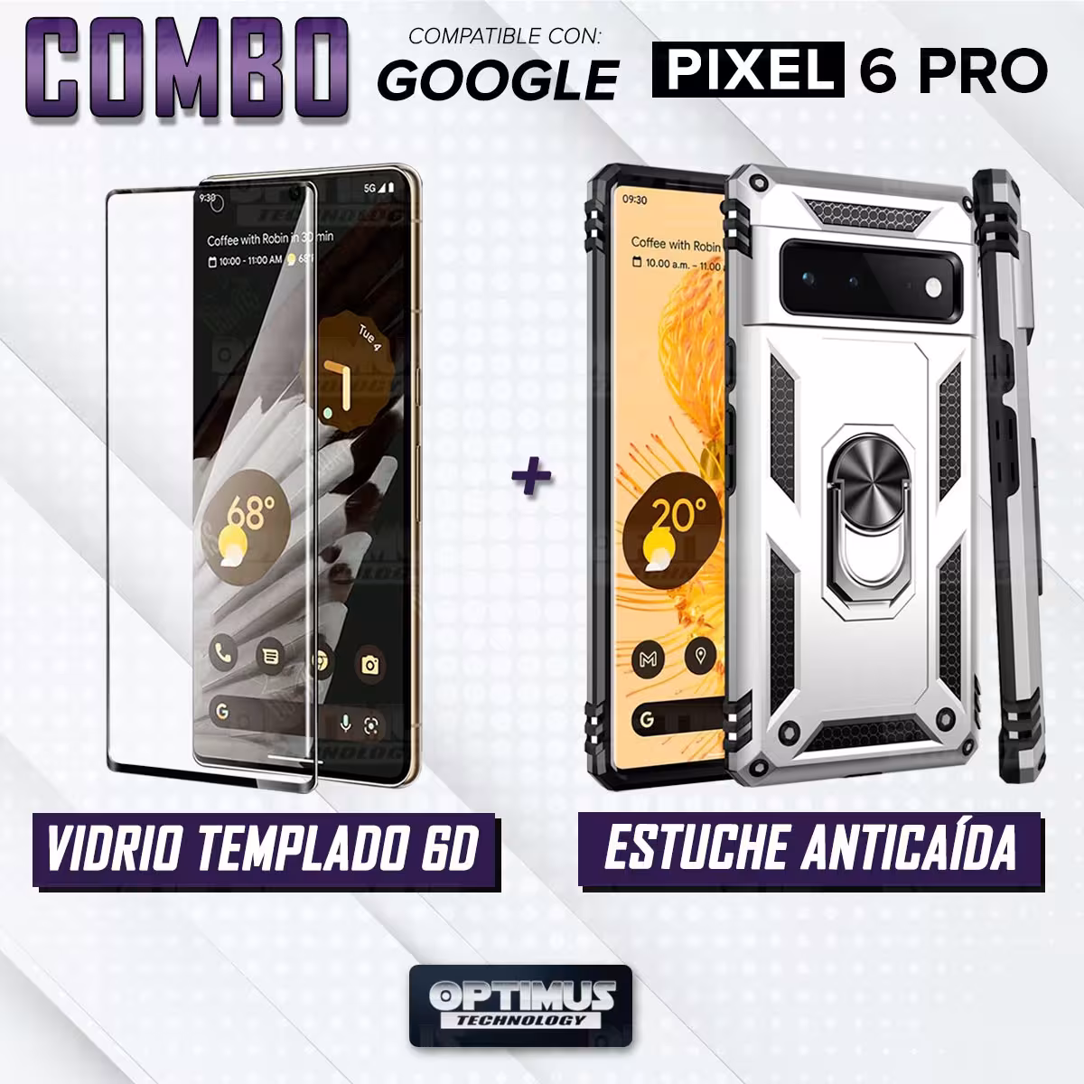 Kit Vidrio templado y Estuche Case Forro Protector Anti-Shock doble capa para celular Google Pixel 6 Pro